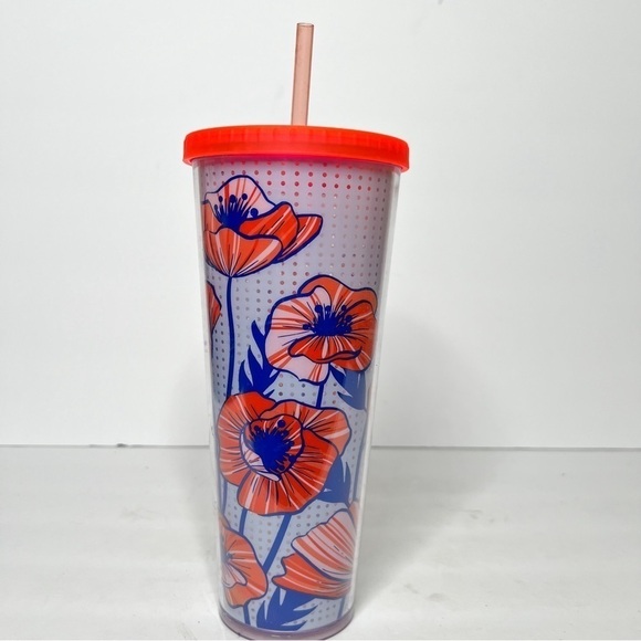 Starbucks Other - Starbucks Poppy Tumbler Pink Orange 2018 Rare Cold Cup Straw
